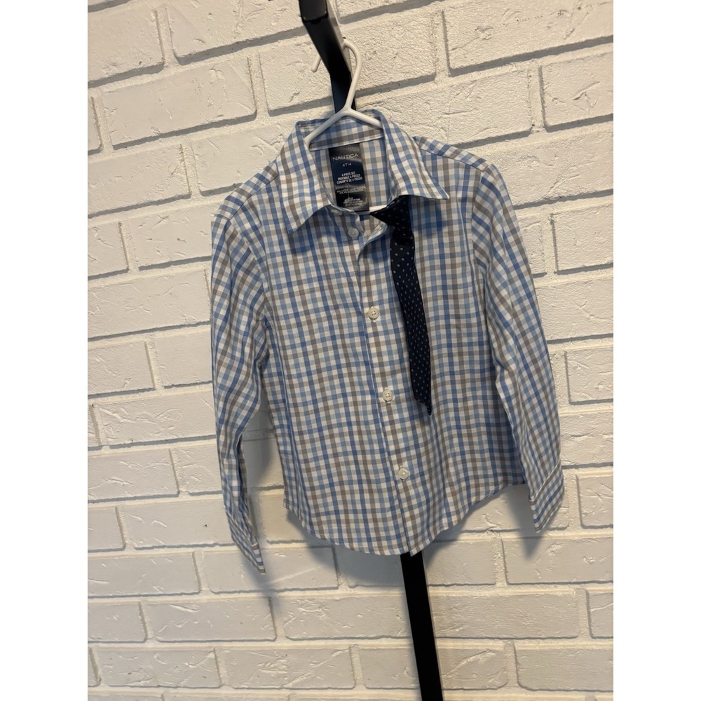 Nautica Boys 4T Dress Shirt Tie Set Blue Gingham Plaid Button Up Formal Easter W
